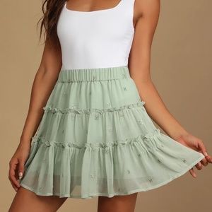 Lulus caught your eye sage green embroidered tiered mini skirt